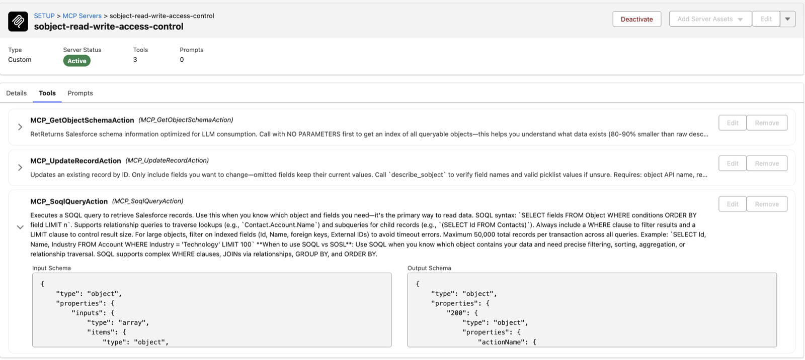 The hosted MCP server in Salesforce Setup, active with its three Apex tools: MCP_GetObjectSchemaAction, MCP_UpdateRecordAction, and MCP_SoqlQueryAction, each exposed with input and output schemas.
